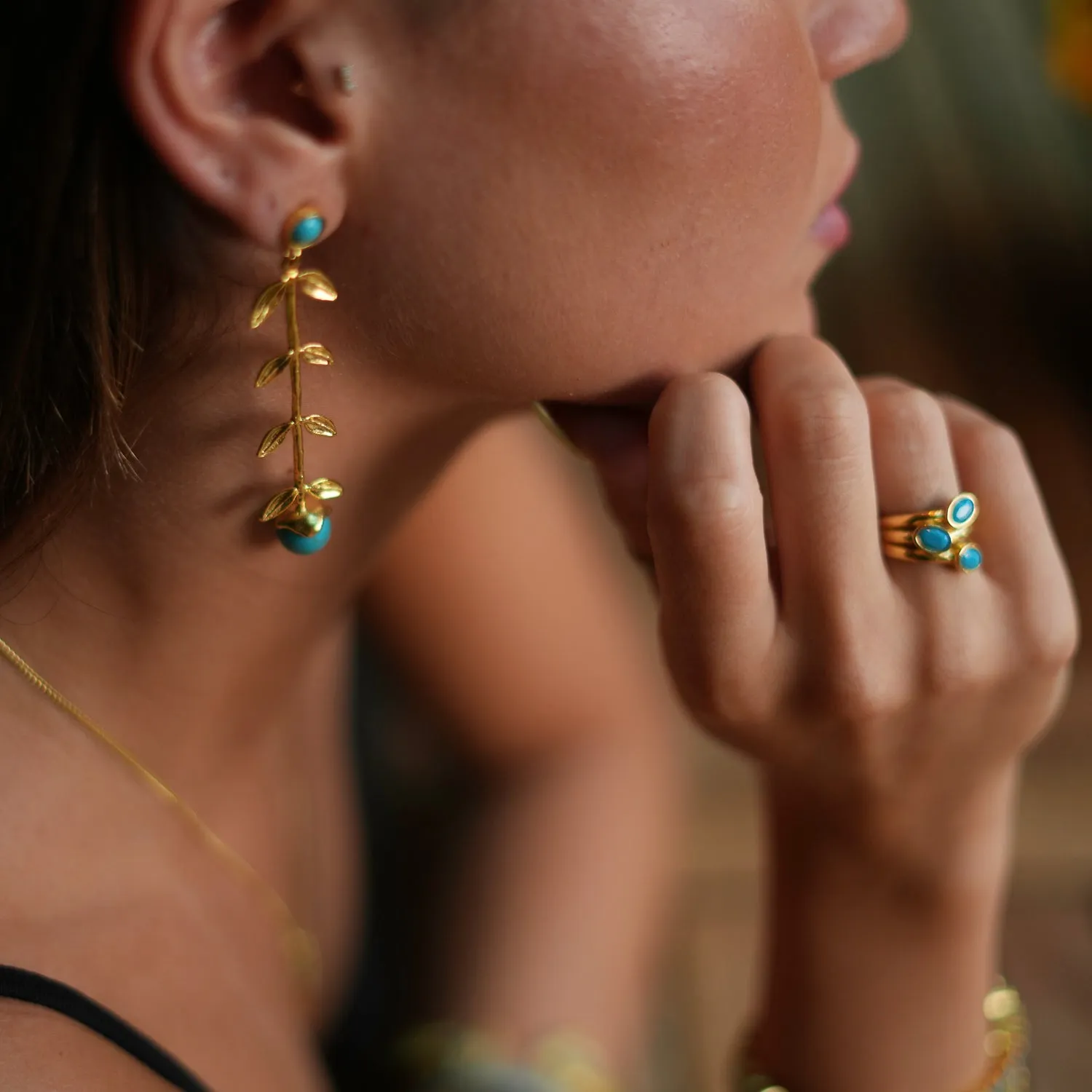 Bohemian Elegance Gold Leaf & Turquoise Stone Dangle Earrings