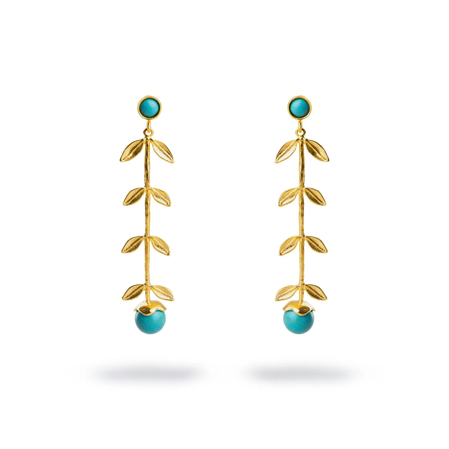 Bohemian Elegance Gold Leaf & Turquoise Stone Dangle Earrings