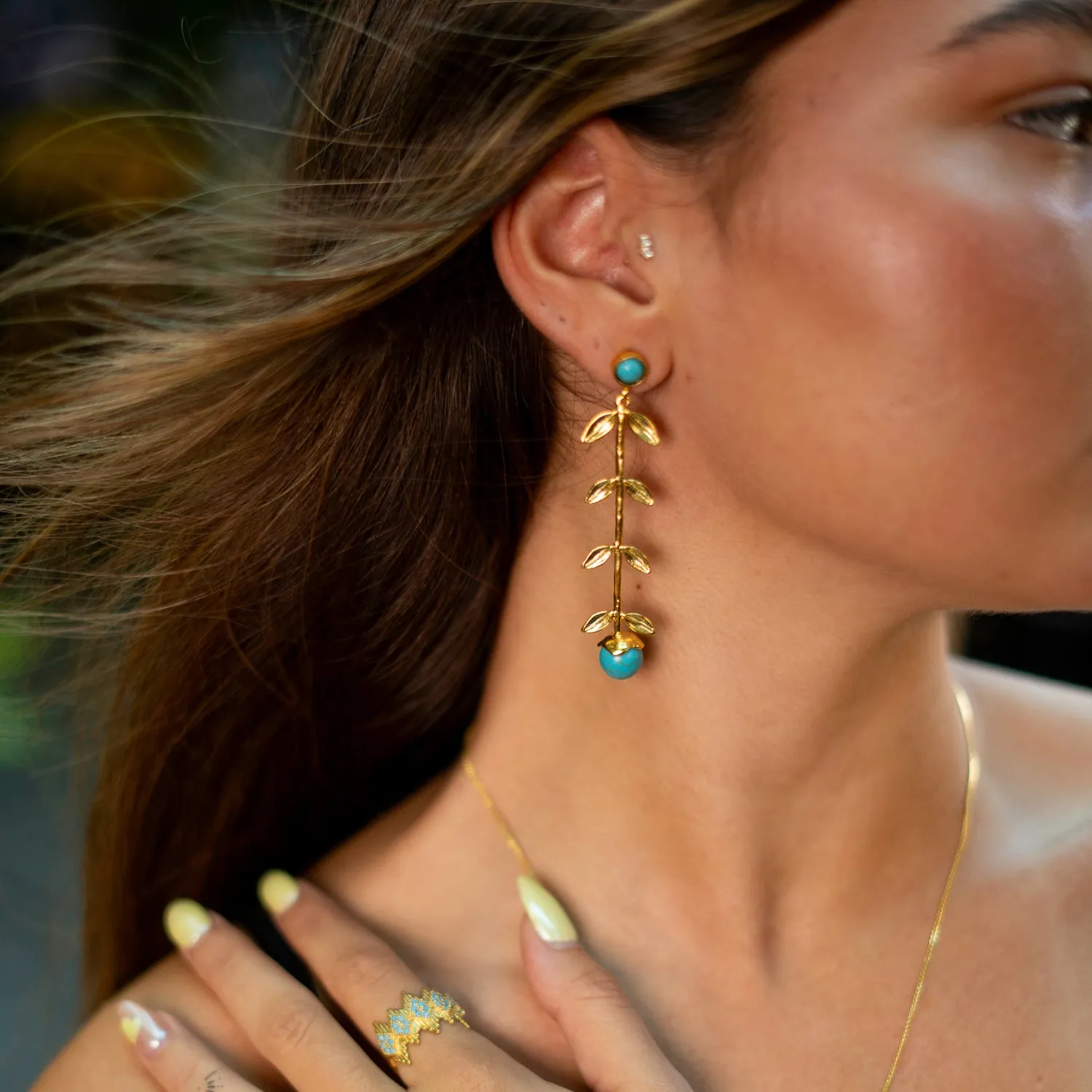 Bohemian Elegance Gold Leaf & Turquoise Stone Dangle Earrings