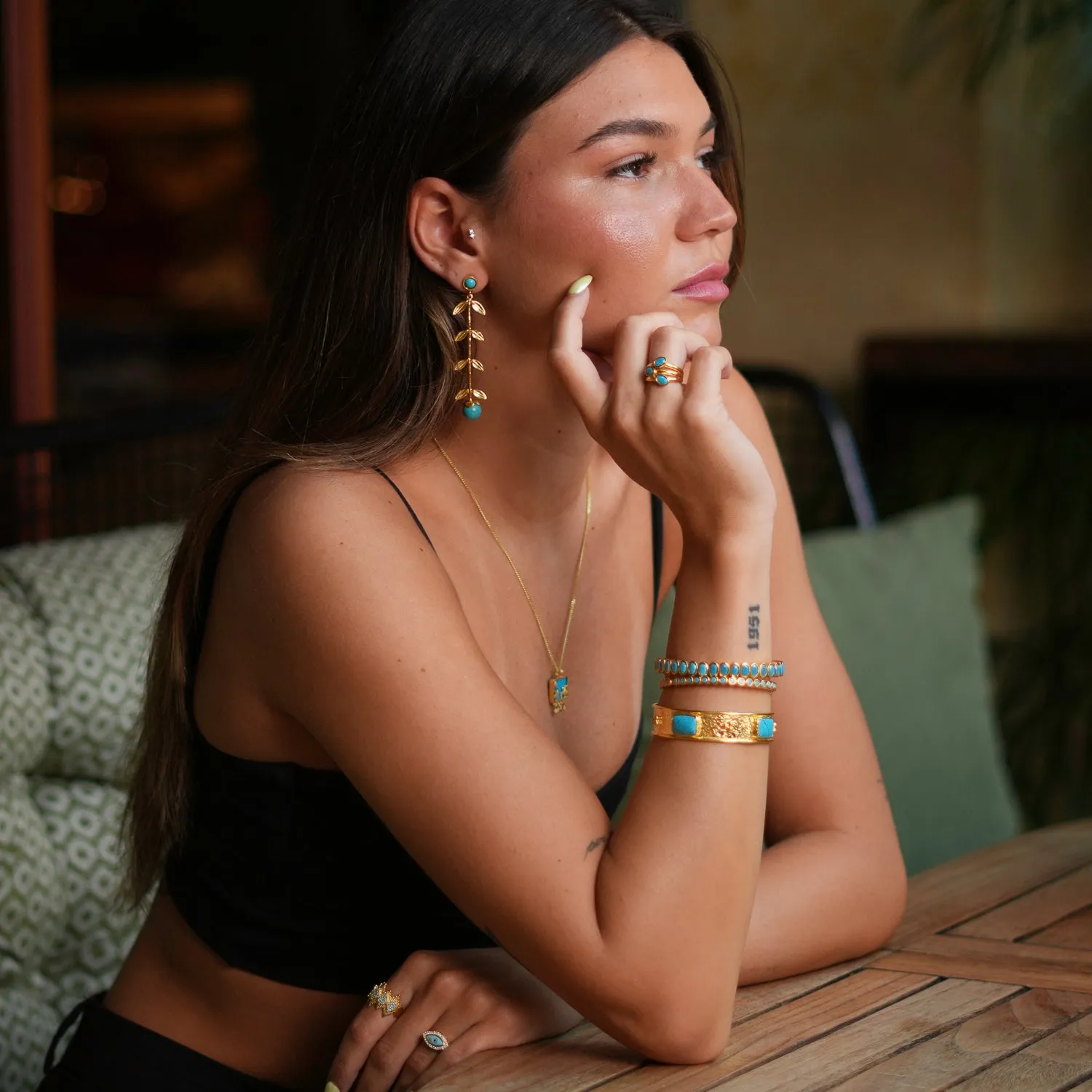 Bohemian Elegance Gold Leaf & Turquoise Stone Dangle Earrings