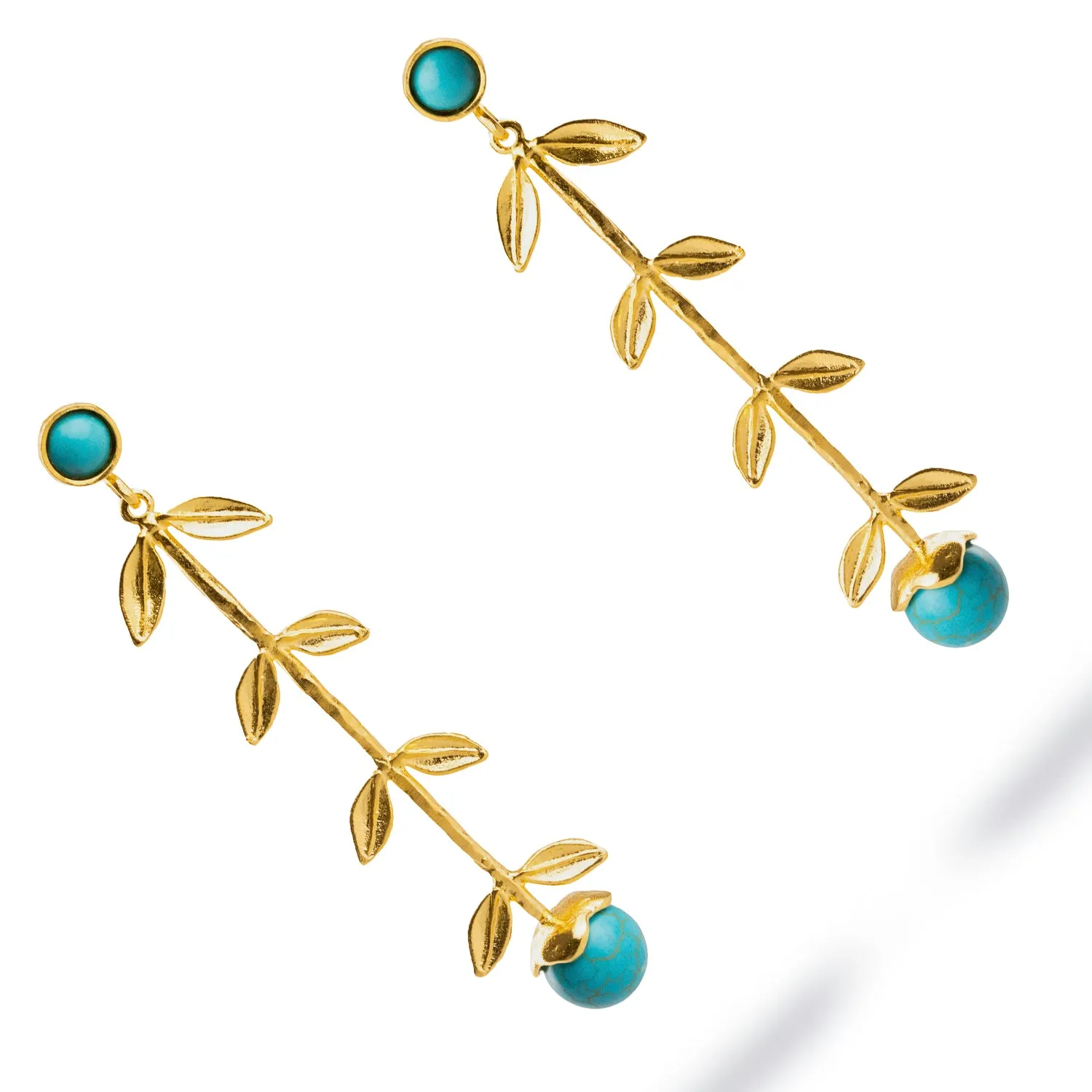 Bohemian Elegance Gold Leaf & Turquoise Stone Dangle Earrings