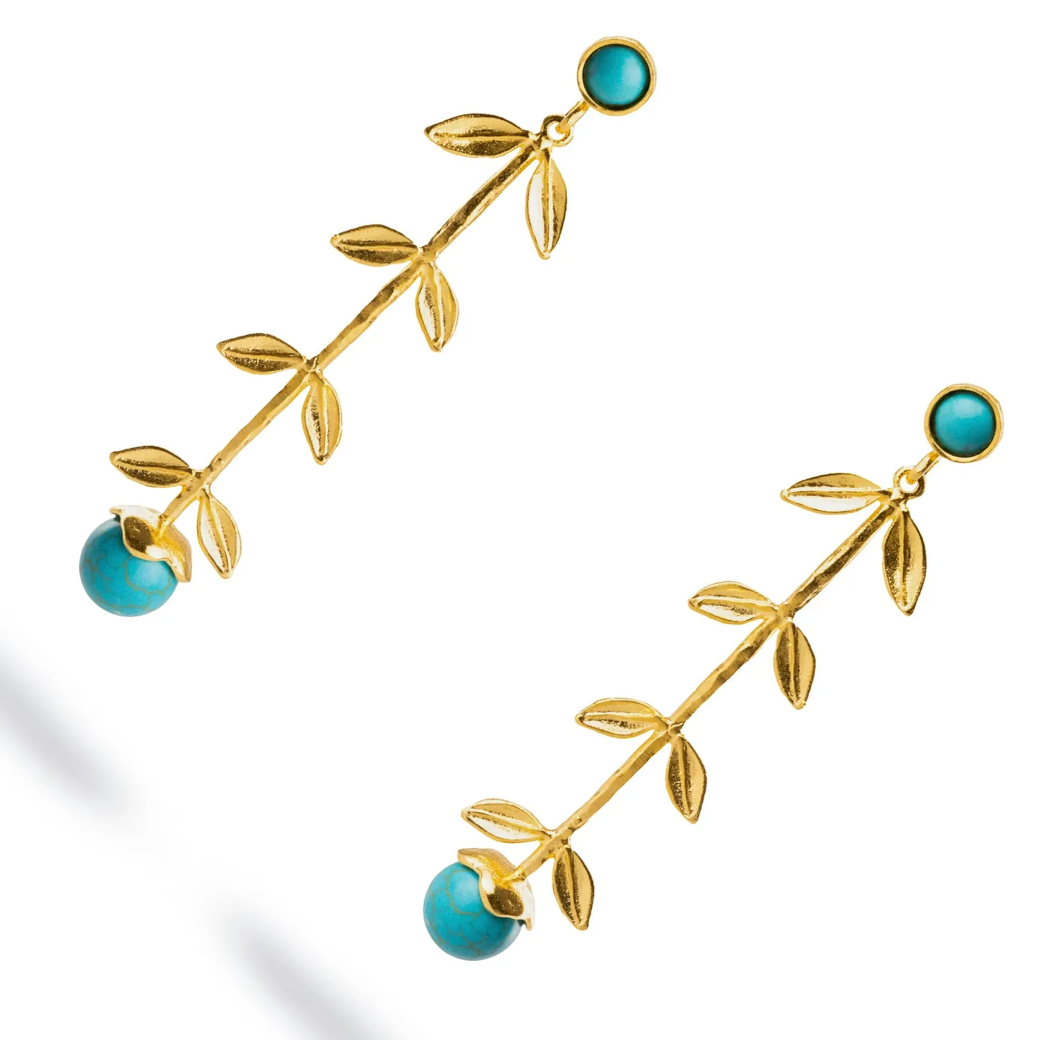 Bohemian Elegance Gold Leaf & Turquoise Stone Dangle Earrings
