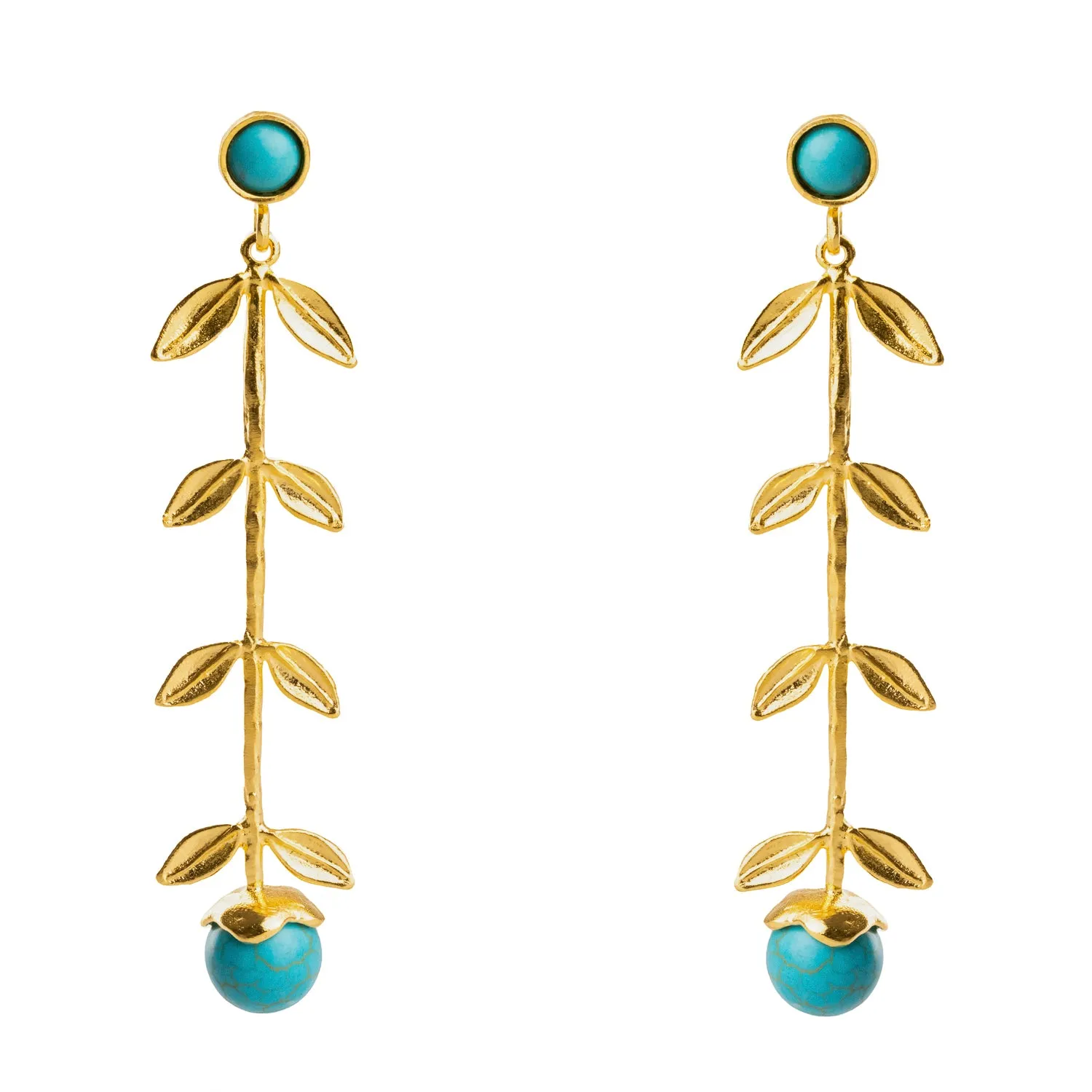 Bohemian Elegance Gold Leaf & Turquoise Stone Dangle Earrings