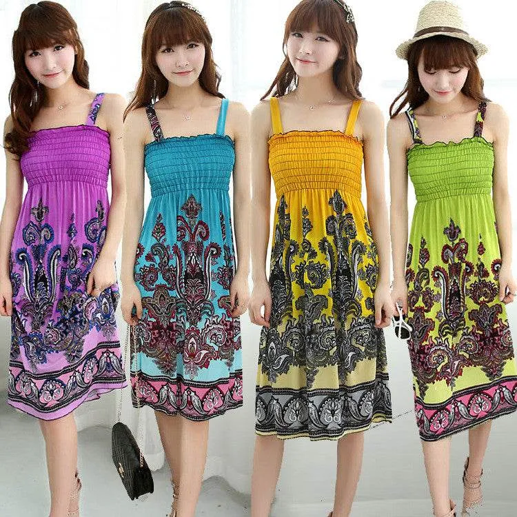 Bohemian Floral Dress Printed Milk Silk Plus Size Beach Dress Suspender Dress For Women