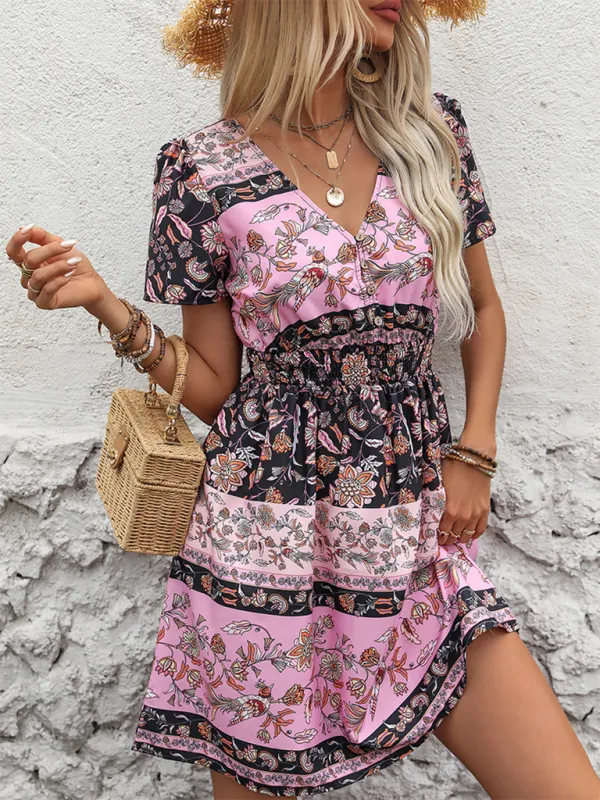 Bohemian Floral Print Mini Dress with Smocked Waist