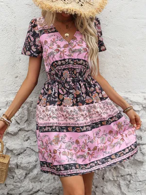 Bohemian Floral Print Mini Dress with Smocked Waist