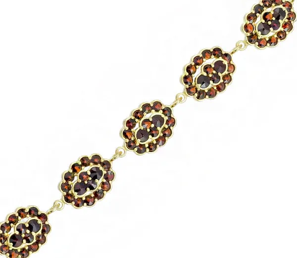 Bohemian Garnet Floral Clusters Bracelet in Yellow Gold Vermeil over Sterling Silver - Victorian Vintage Replica Circa 1900