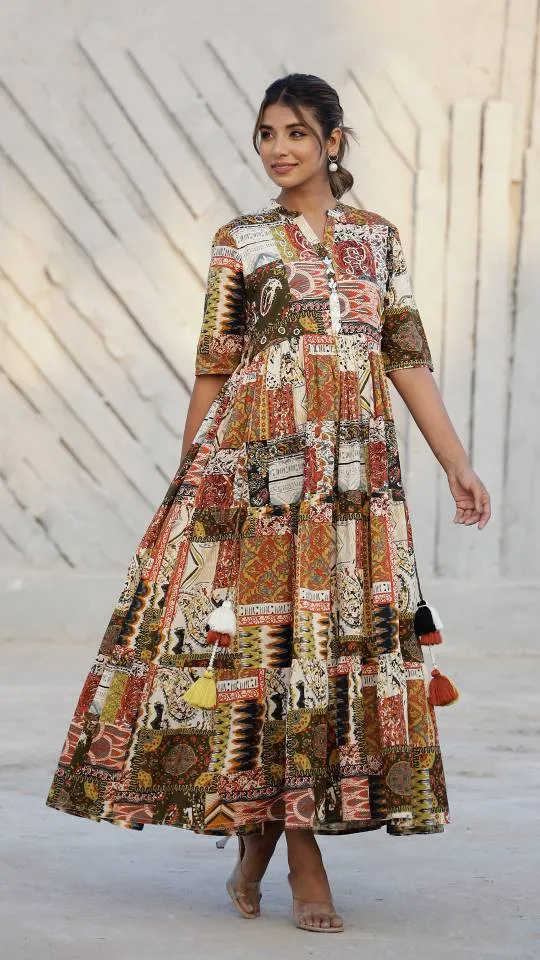 Bohemian Patchwork Maxi Dress with Earthy Tones