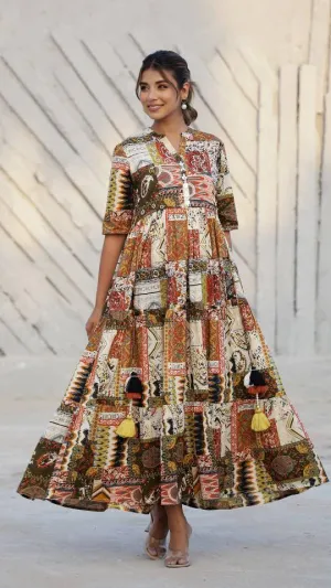Bohemian Patchwork Maxi Dress with Earthy Tones