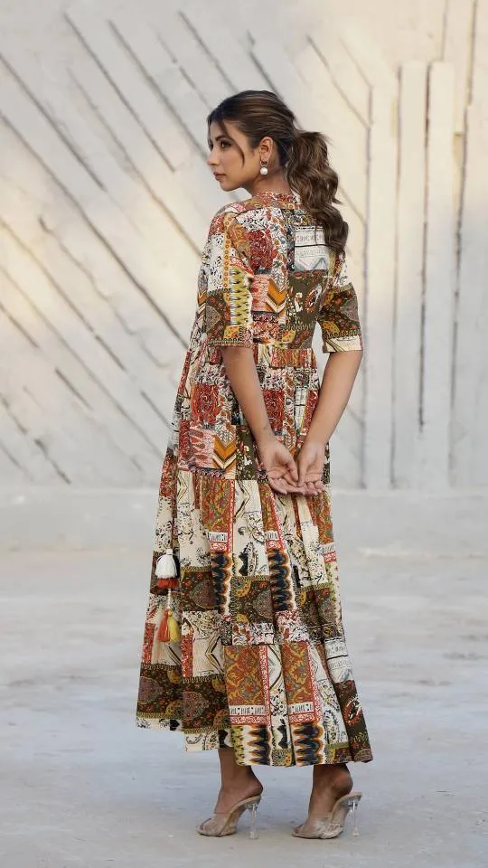 Bohemian Patchwork Maxi Dress with Earthy Tones