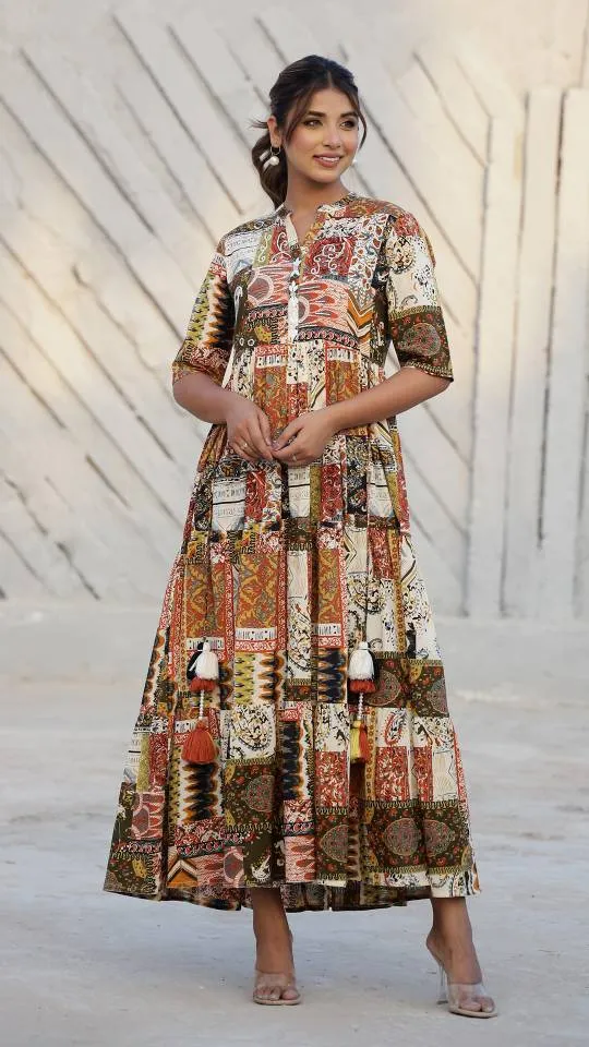Bohemian Patchwork Maxi Dress with Earthy Tones