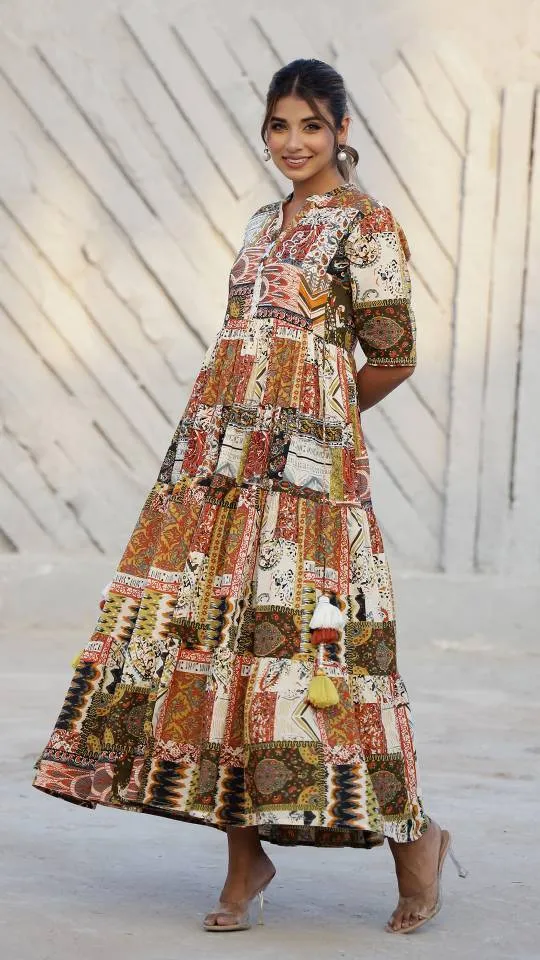 Bohemian Patchwork Maxi Dress with Earthy Tones