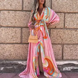 Bohemian Print Swing Dress V Neck Ankle Length