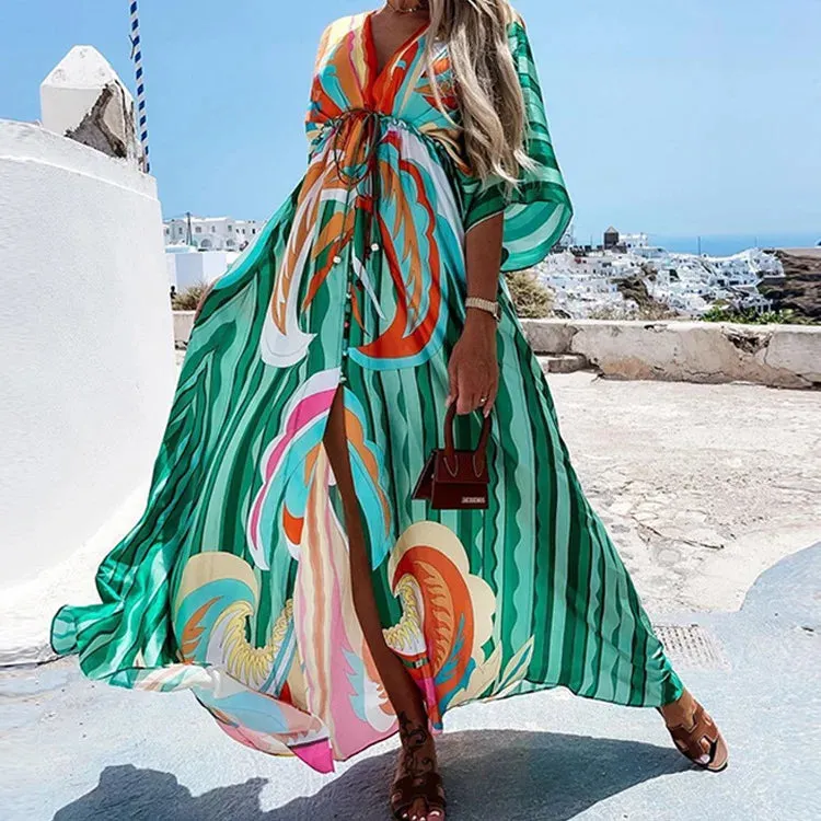Bohemian Print Swing Dress V Neck Ankle Length