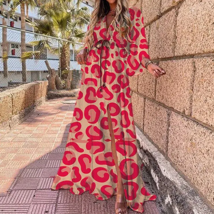 Bohemian Print Swing Dress V Neck Ankle Length