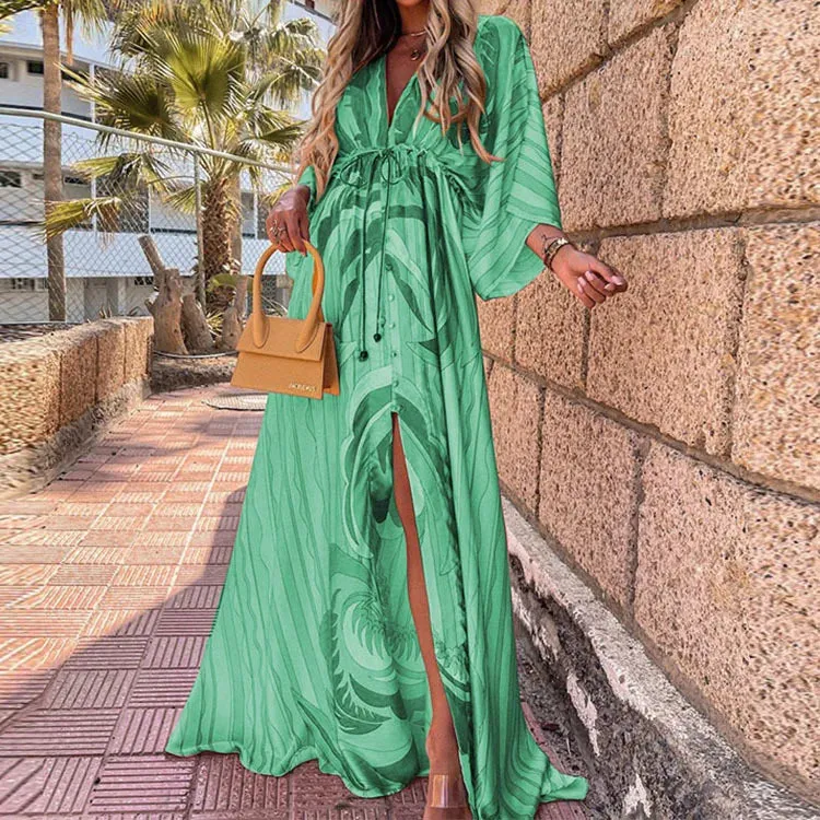 Bohemian Print Swing Dress V Neck Ankle Length