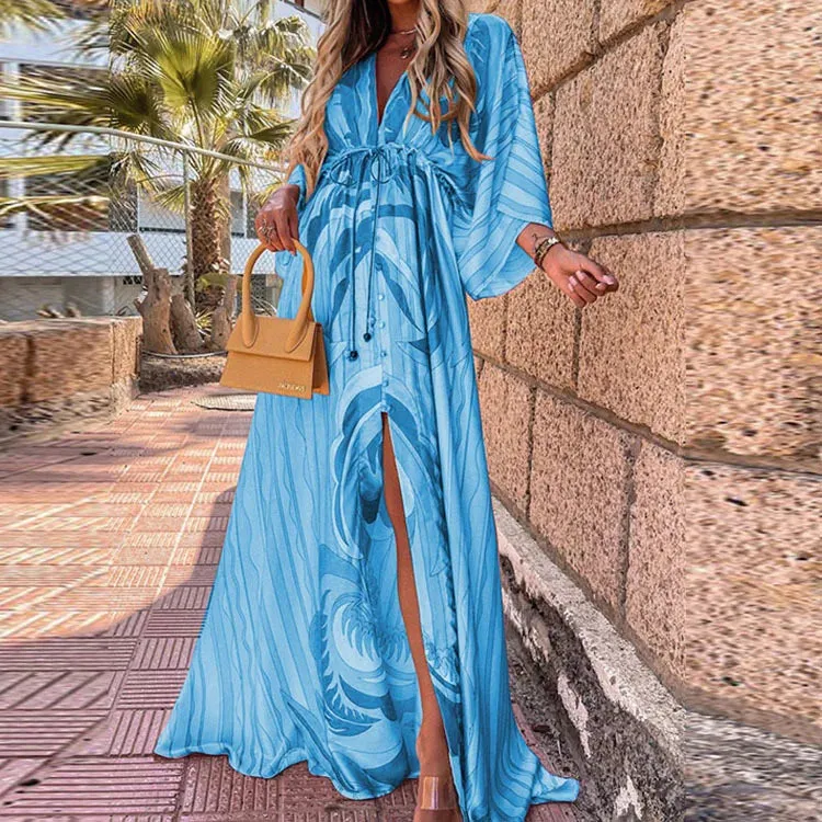 Bohemian Print Swing Dress V Neck Ankle Length