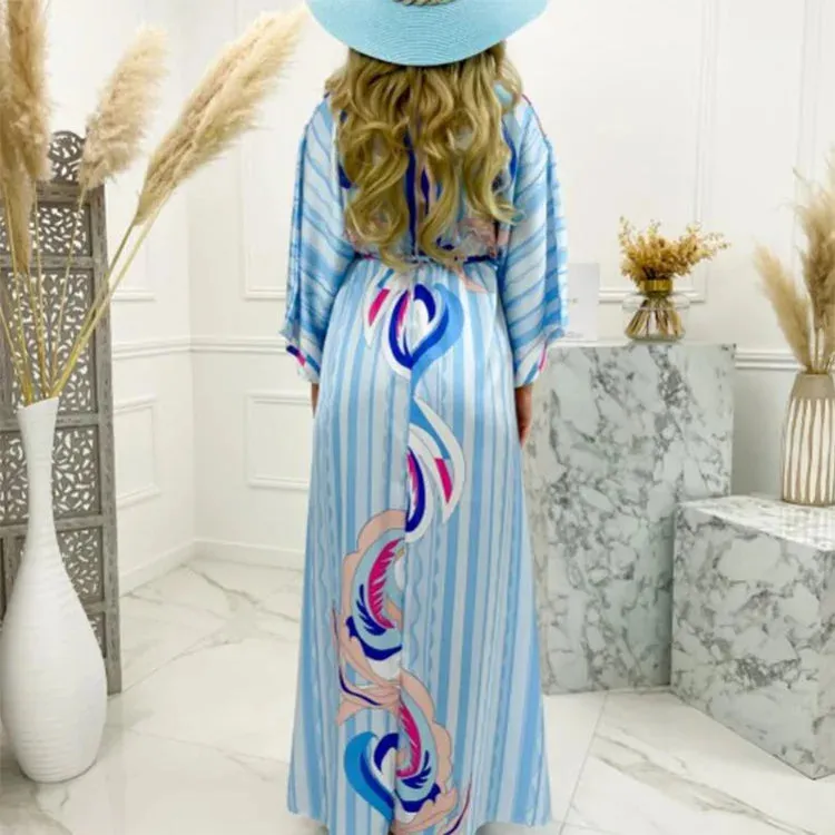 Bohemian Print Swing Dress V Neck Ankle Length