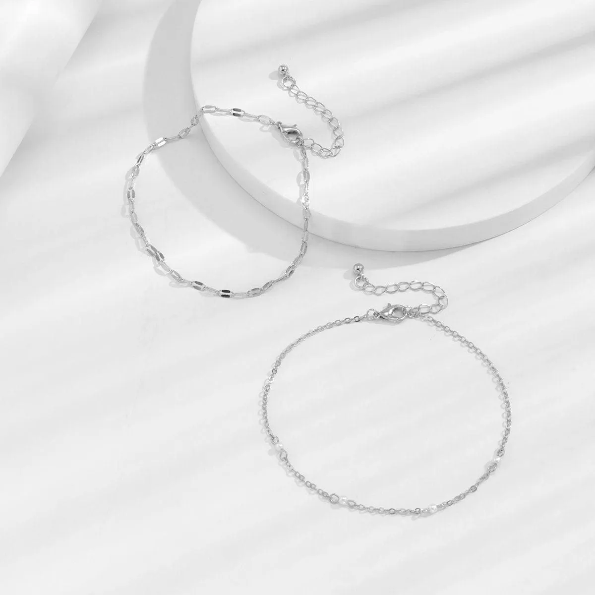 Boho Layered Pearl Charm Cable Chain Anklet Set