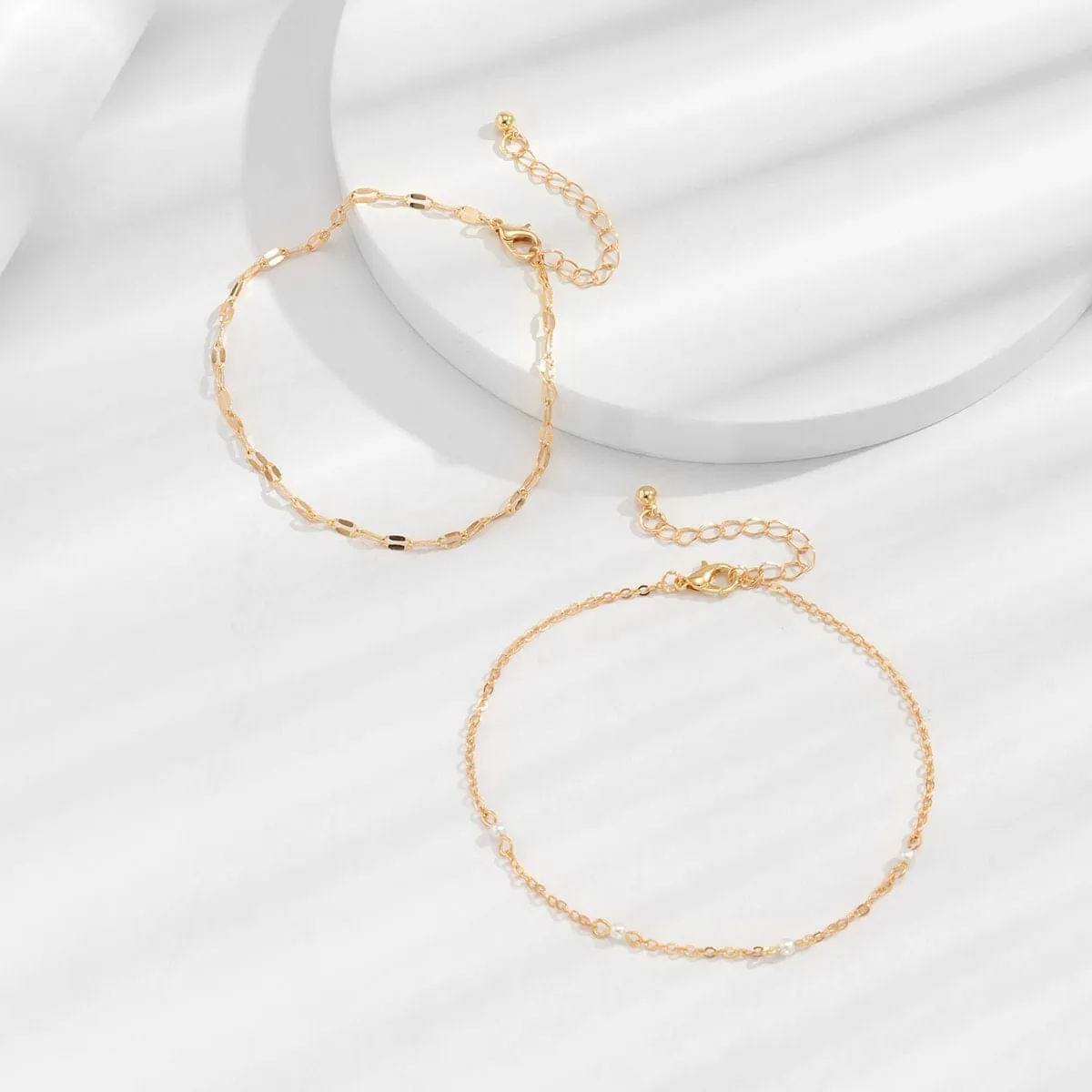 Boho Layered Pearl Charm Cable Chain Anklet Set
