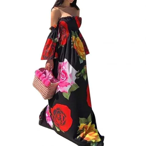 Boho Off Shoulder Backless Flare Sleeve Floral Print Maxi Dress
