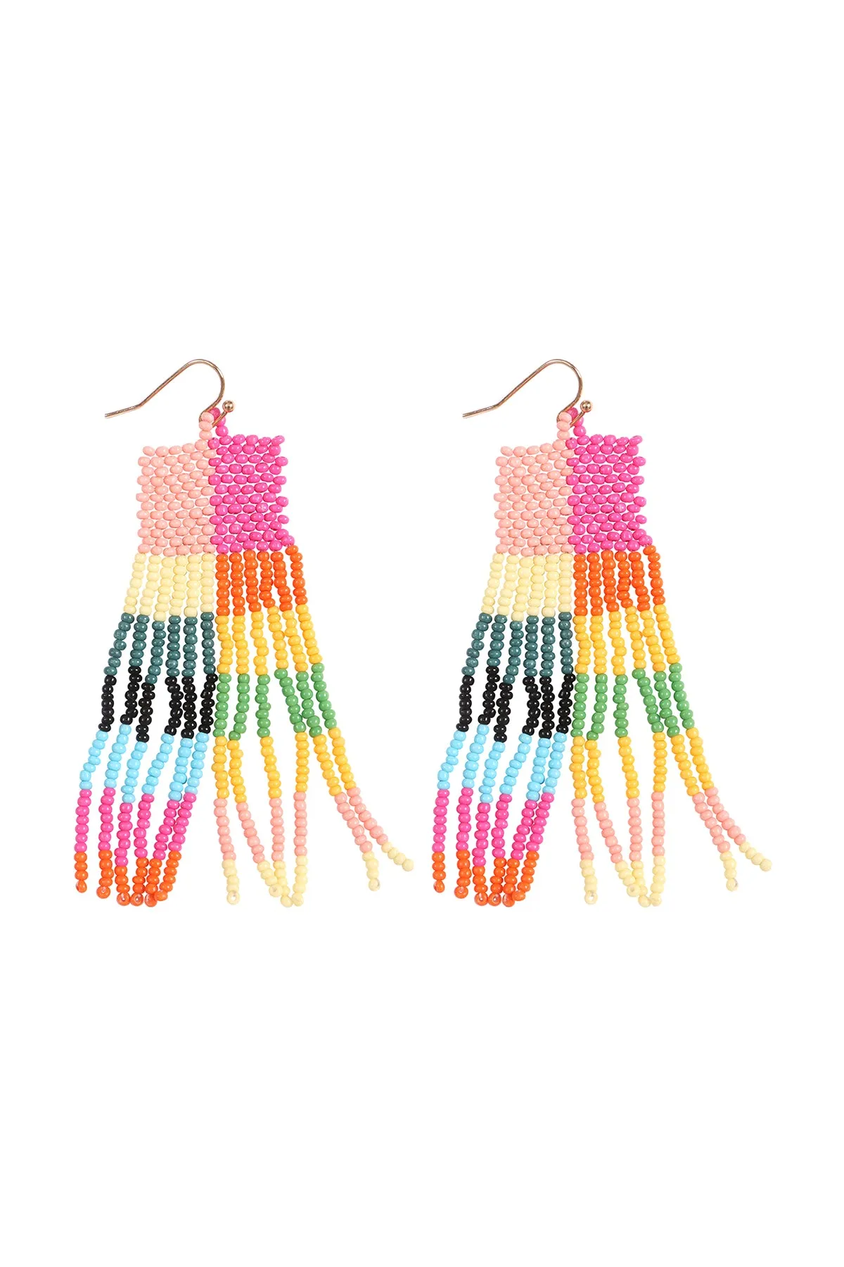 BOHO SQUARE SEED BEAD FRINGE DROP EARRINGS