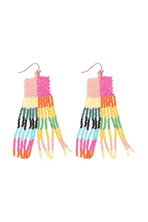 BOHO SQUARE SEED BEAD FRINGE DROP EARRINGS