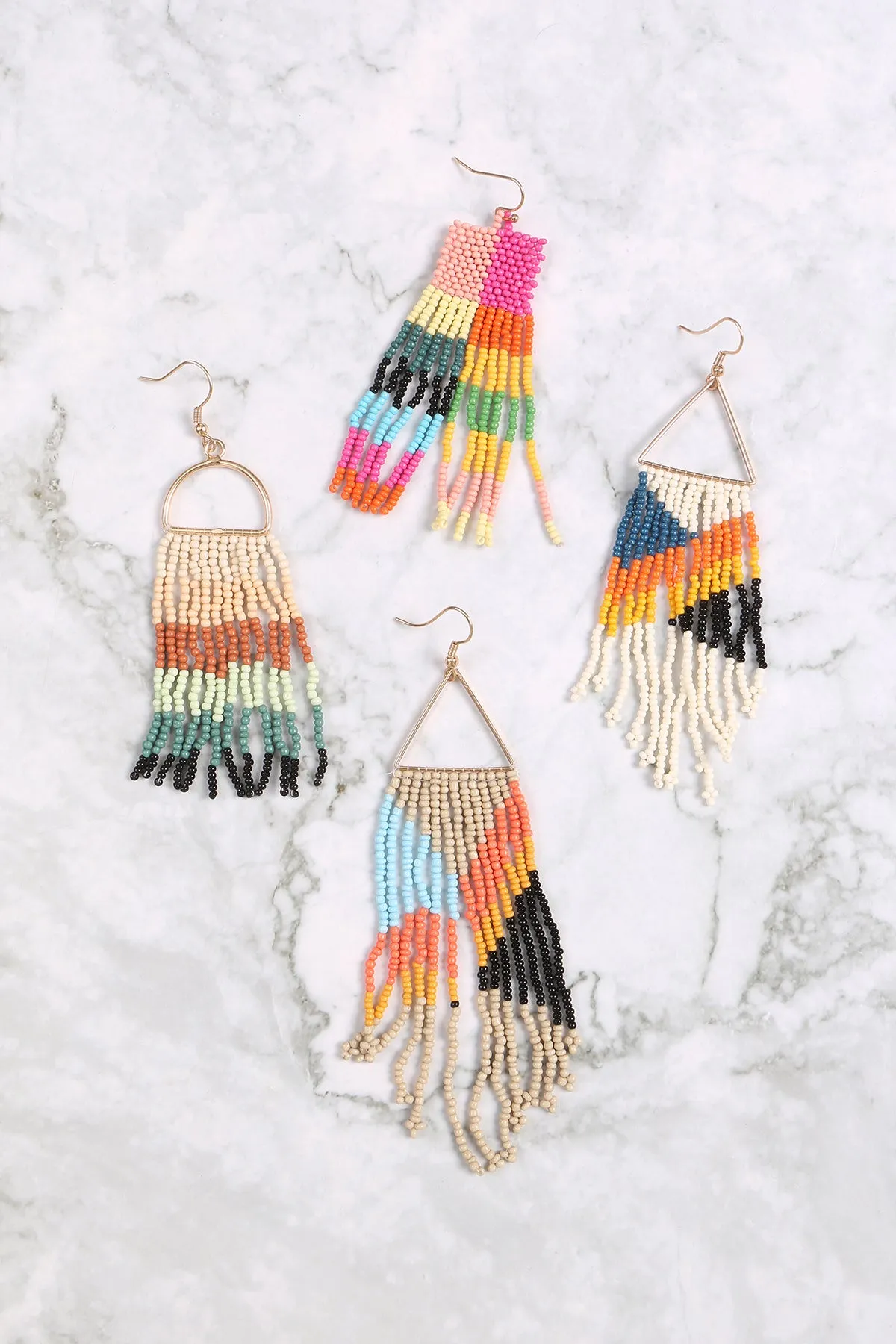 BOHO SQUARE SEED BEAD FRINGE DROP EARRINGS