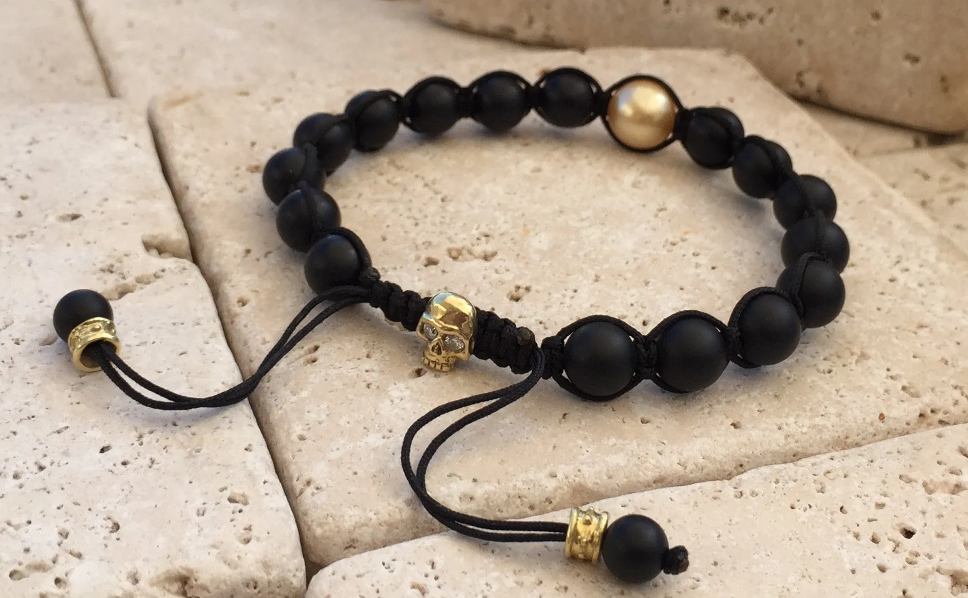 Bracelet - Gold Skull with Diamonds & Golden Pearl
