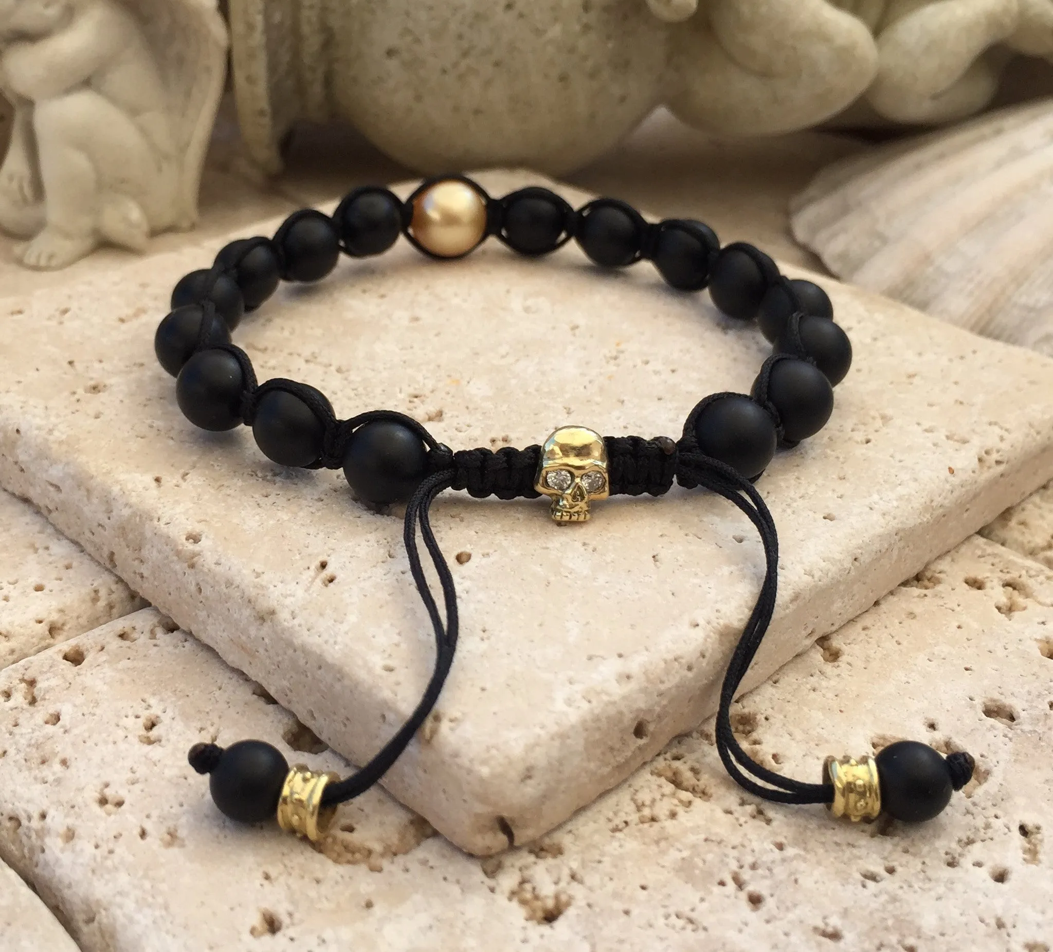 Bracelet - Gold Skull with Diamonds & Golden Pearl