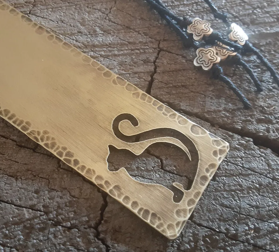 Brass cat bookmark with macrame tail with flower beads