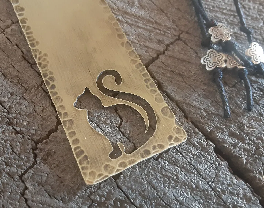 Brass cat bookmark with macrame tail with flower beads