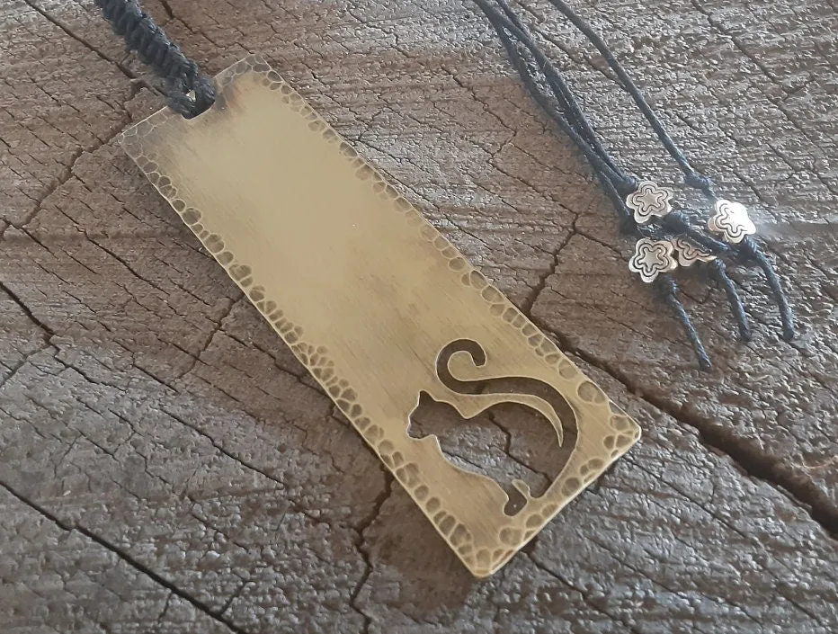 Brass cat bookmark with macrame tail with flower beads