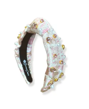Brianna Cannon Blush Pink Jacquard metallic Headband with Crystals and Pearls