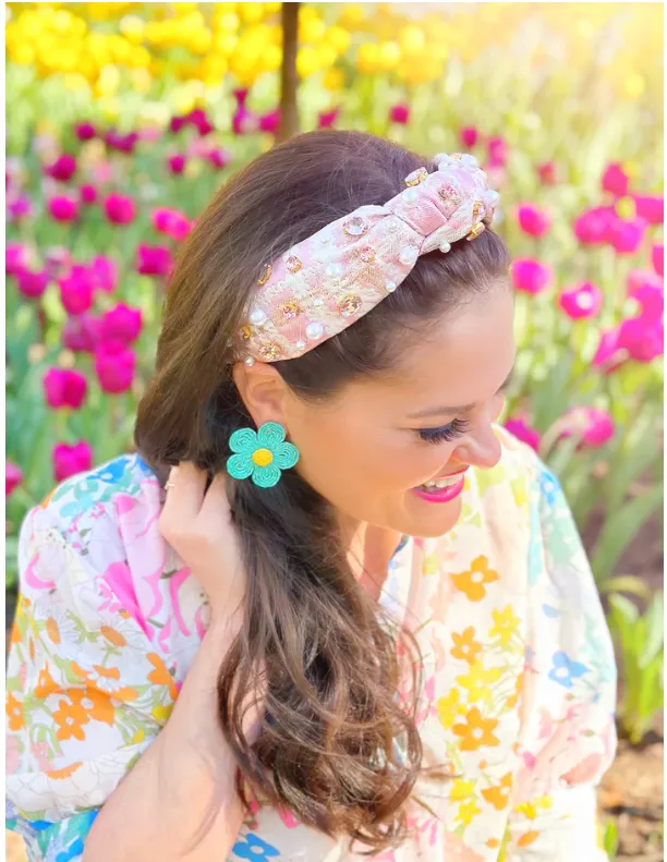 Brianna Cannon Blush Pink Jacquard metallic Headband with Crystals and Pearls