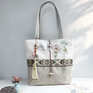 Buddha Stones Magnolia Embroidery Canvas Polyester Shoulder Bag