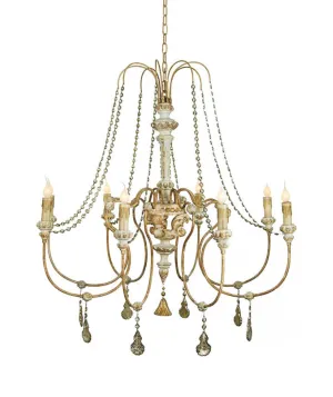 Carved Wood Chandelier with Distressed finish and Gold Accents