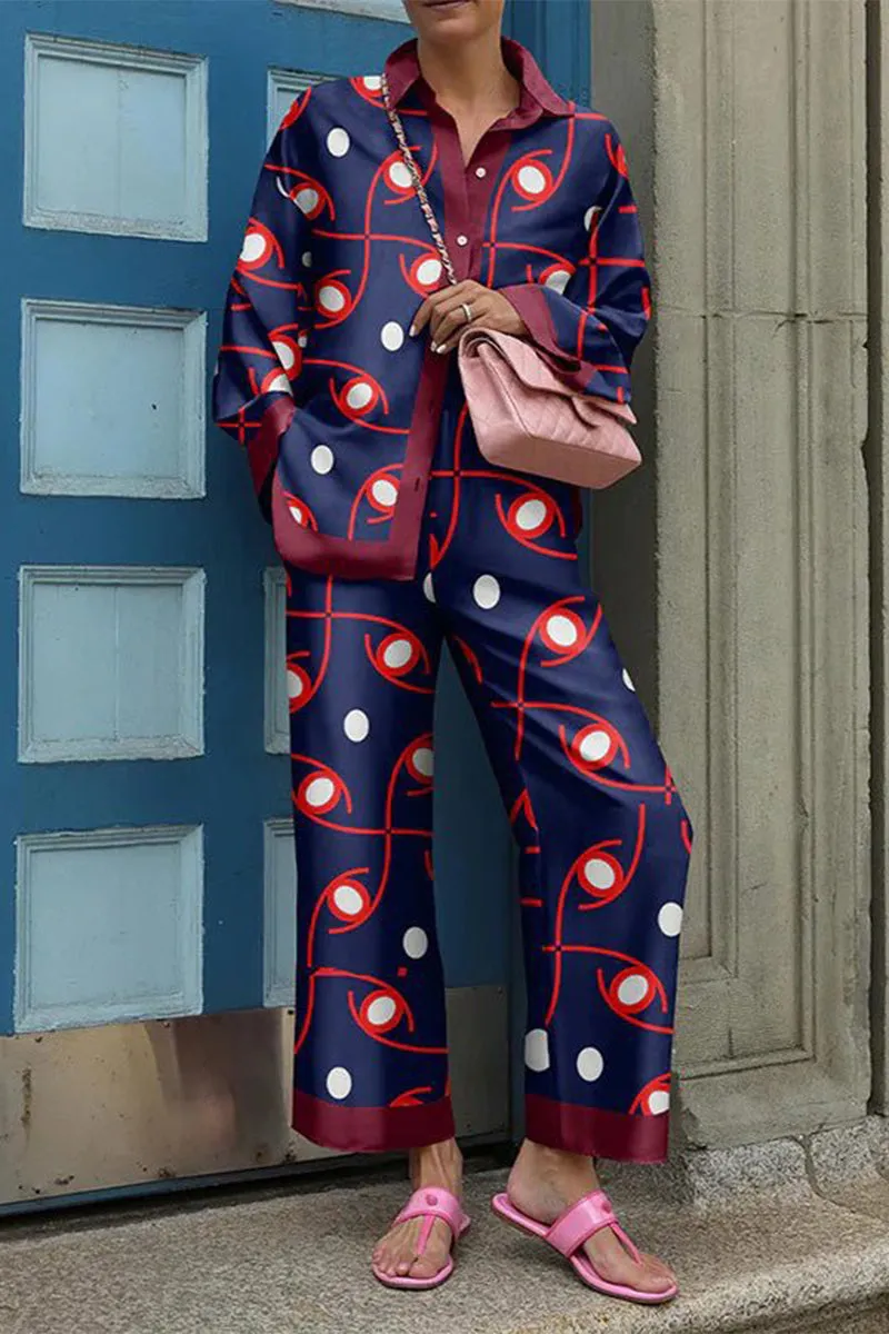 Casual Street Print Patchwork Turndown Collar Long Sleeve Two Pieces