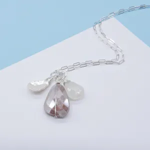 Champagne Moonstone, Pearl, & White Chalcedony Charm Necklace in Silver