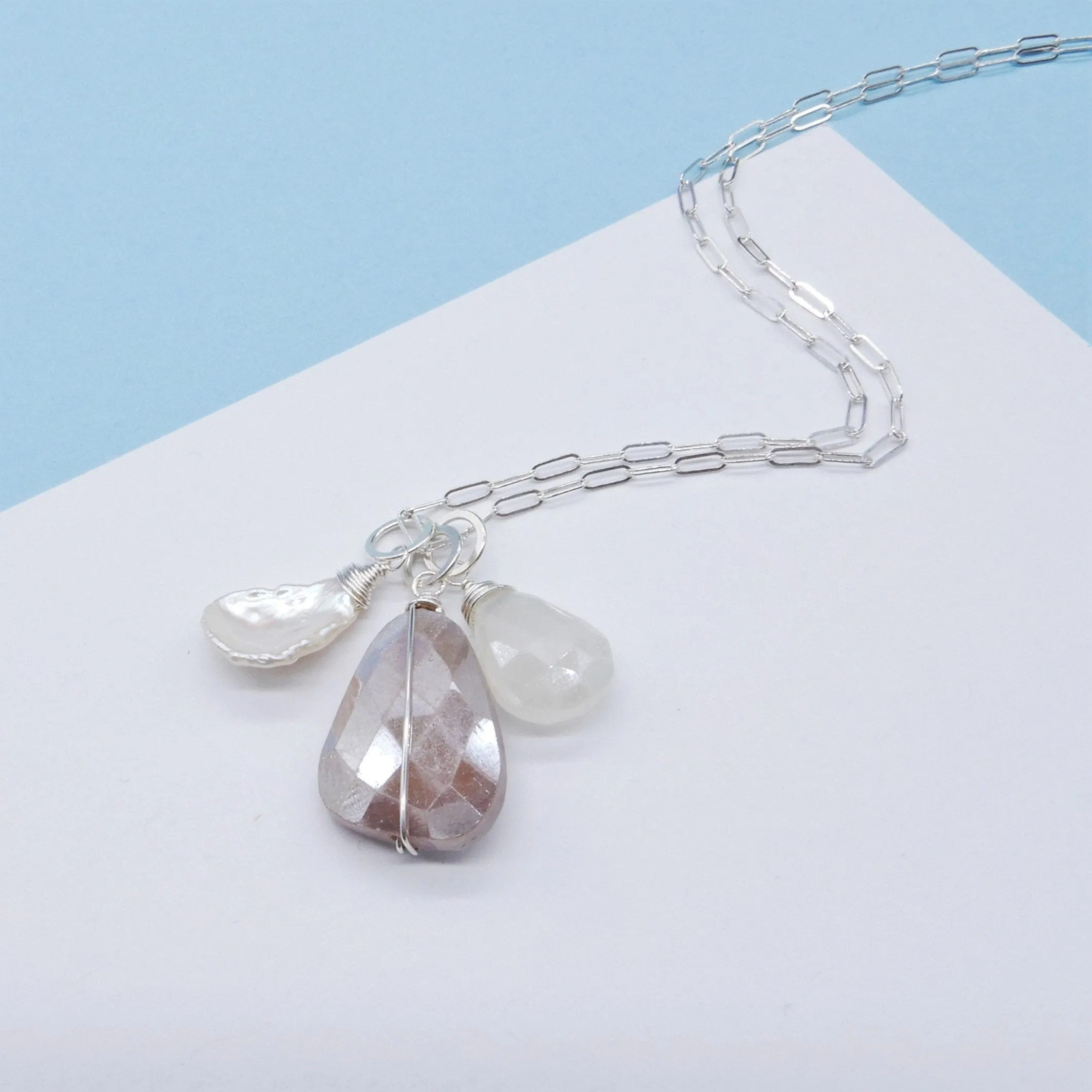 Champagne Moonstone, Pearl, & White Chalcedony Charm Necklace in Silver