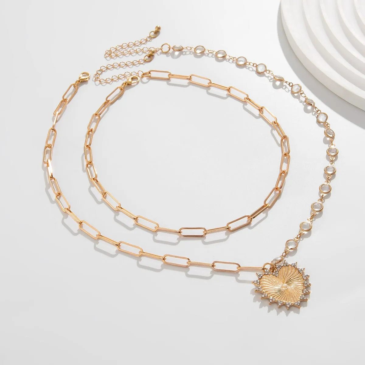 Chic Layered Heart Pendant Paperclip Crystal Chain Choker Necklace Set