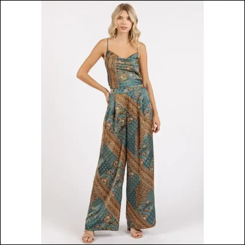Chic Paisley Patchwork Satin Cowl Neck Crop Cami