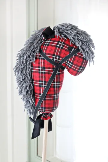 Children's Classic Retro Christmas Stick Horse - Red & Black Plaid