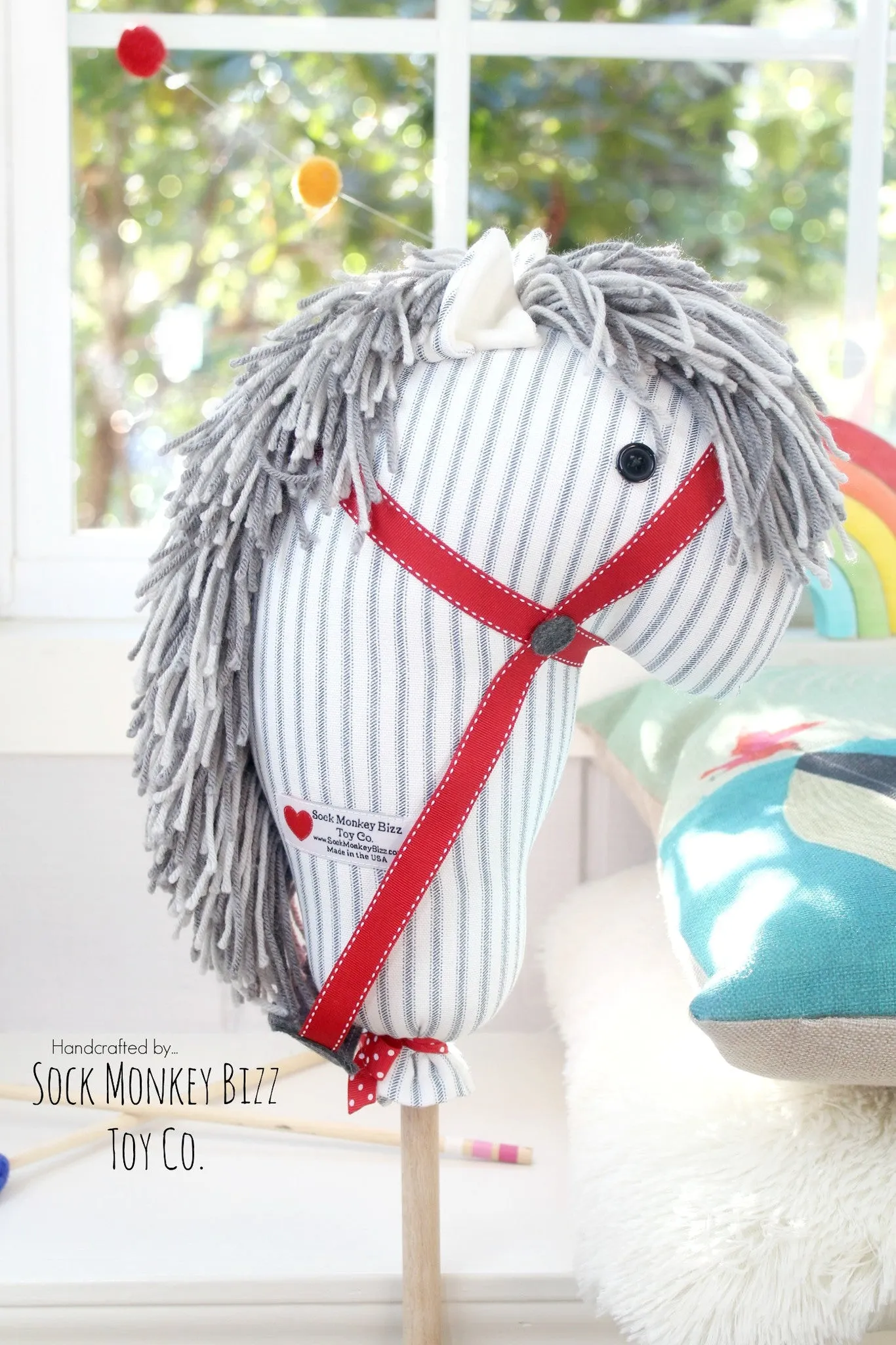 Child's Ride-On Toy Stick Horse, Aviator Grey and Red Hobby Horse