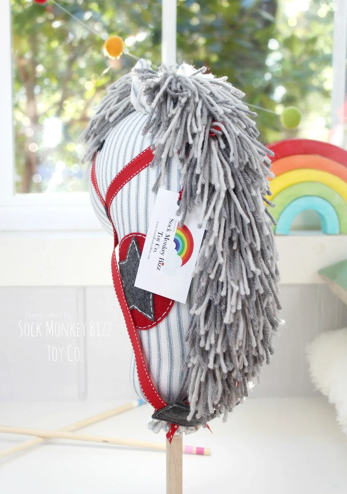 Child's Ride-On Toy Stick Horse, Aviator Grey and Red Hobby Horse