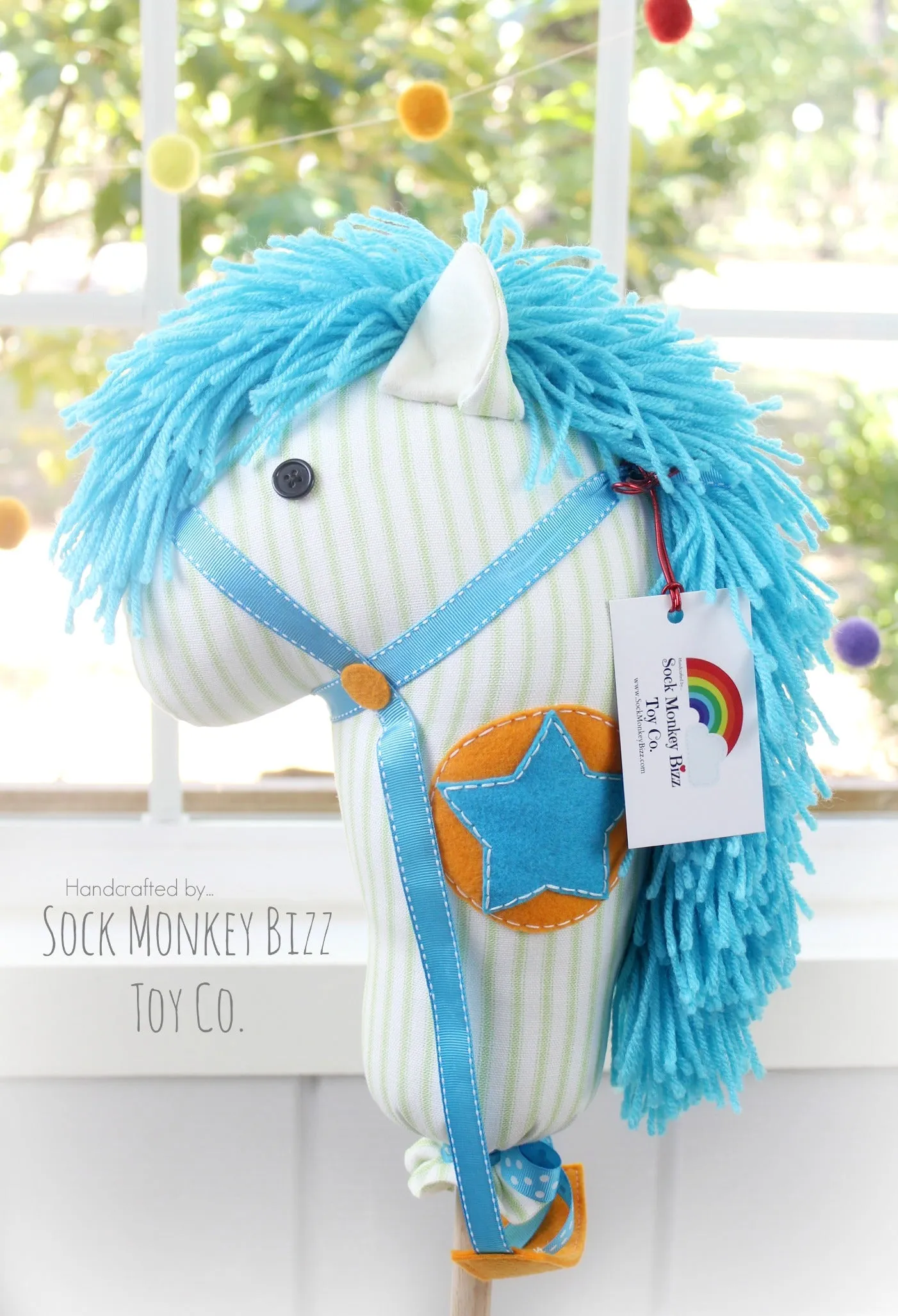 Child's Ride-On Toy Stick Horse, Aviator Orange and Aqua Hobby Horse