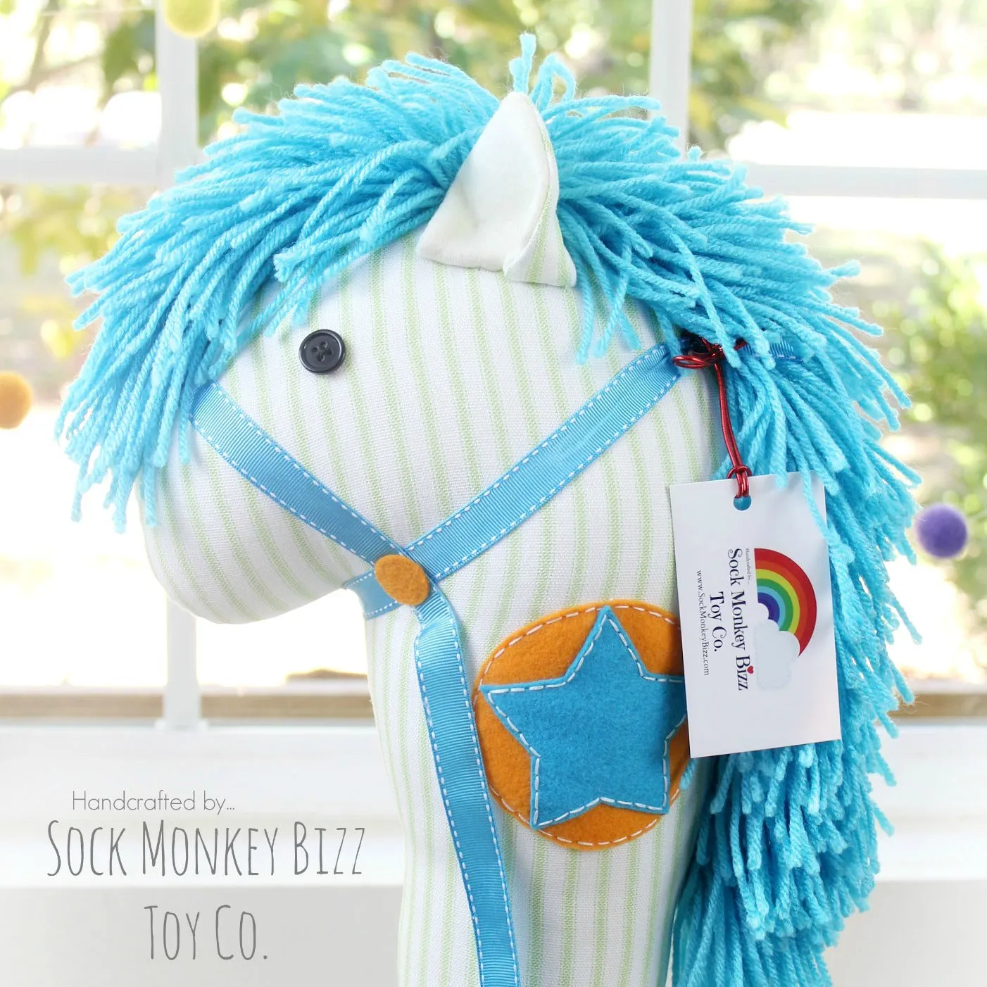 Child's Ride-On Toy Stick Horse, Aviator Orange and Aqua Hobby Horse