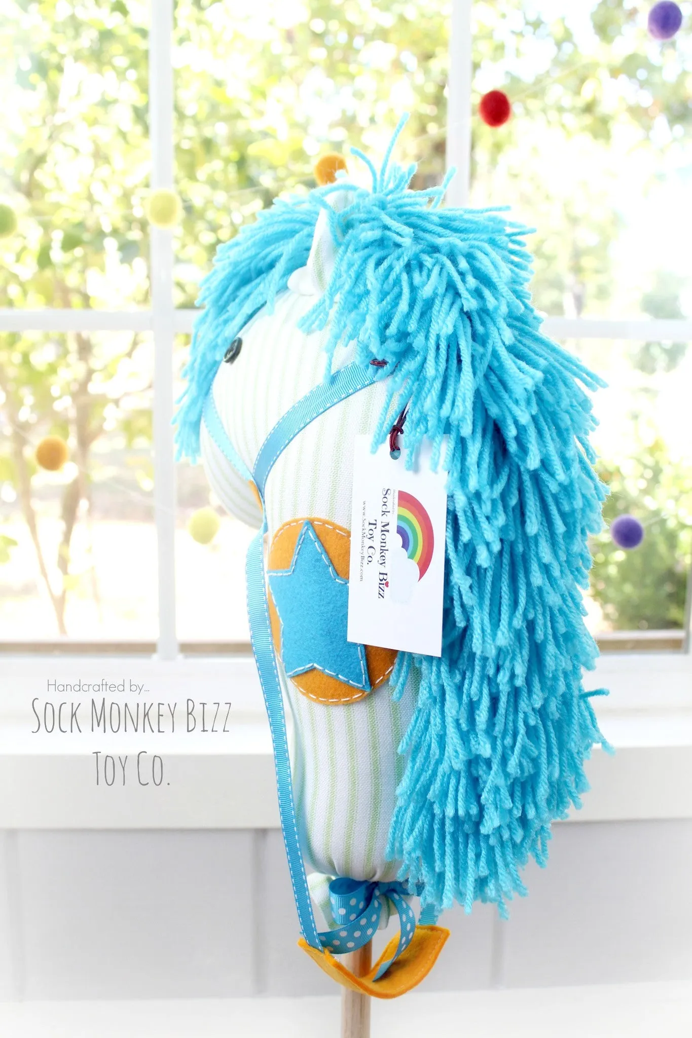Child's Ride-On Toy Stick Horse, Aviator Orange and Aqua Hobby Horse