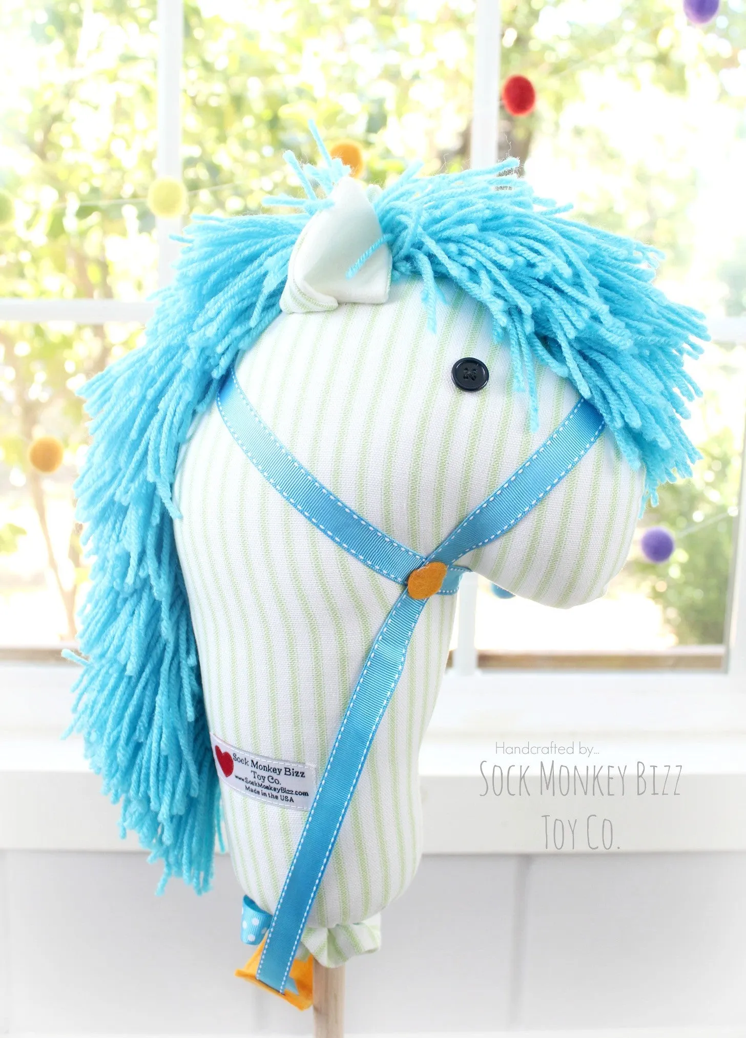 Child's Ride-On Toy Stick Horse, Aviator Orange and Aqua Hobby Horse