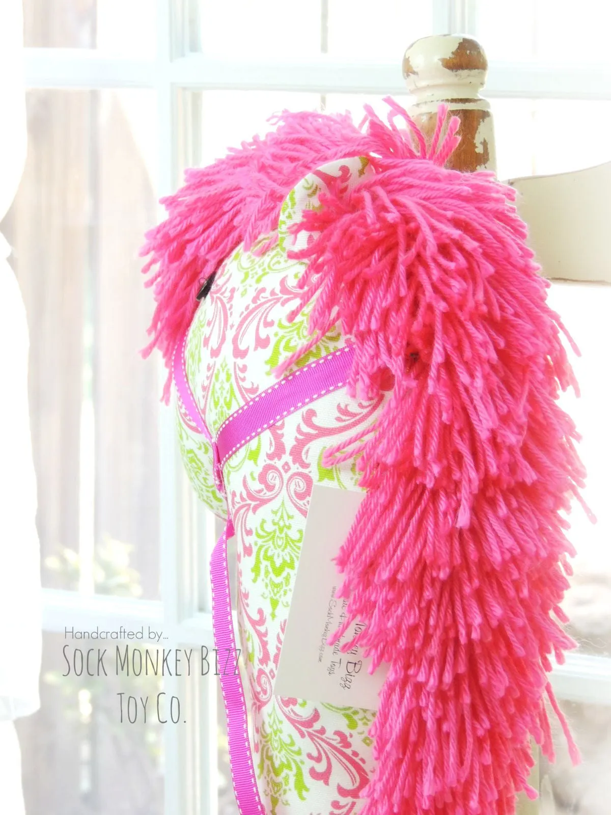 Child's Toy Stick Horse - Pink and Green French Damask